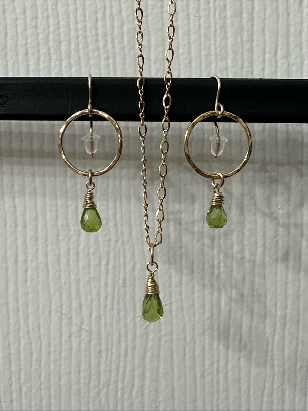 Gold-Filled Gemstone Necklace Earrings Set Peridot August Green Hoops 1.5”/17”